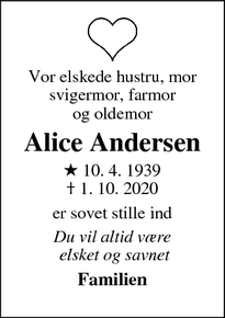 Dødsannoncen for Alice Andersen - Gilleleje 