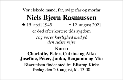 Dødsannoncen for Niels Bjørn Rasmussen - Rågeleje