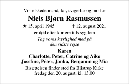 Dødsannoncen for Niels Bjørn Rasmussen - Rågeleje