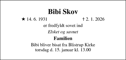 Dødsannoncen for Bibi Skov - Bagsværd