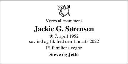 Dødsannoncen for Jackie G. Sørensen - Gilleleje