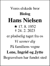 Dødsannoncen for Hans Nielsen - Kongens Lyngby