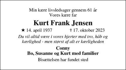 Dødsannoncen for Kurt Frank Jensen - 3220 Tisvildeleje