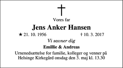 Dødsannoncen for Jens Anker Hansen - Helsingør
