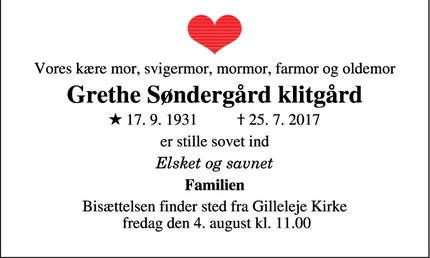 Dødsannoncen for Grethe Søndergård klitgård - Snekkersten