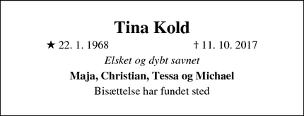Dødsannoncen for Tina Kold - Tisvildeleje