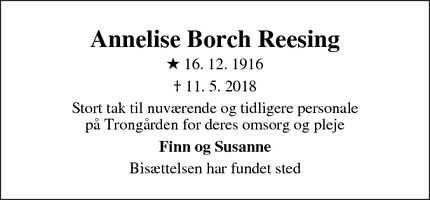 Dødsannoncen for Annelise Borch Reesing - Vejby