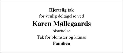 Dødsannoncen for Karen Møllegaards - Helsinge