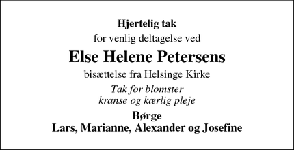 Dødsannoncen for Else Helene Petersens - Helsinge