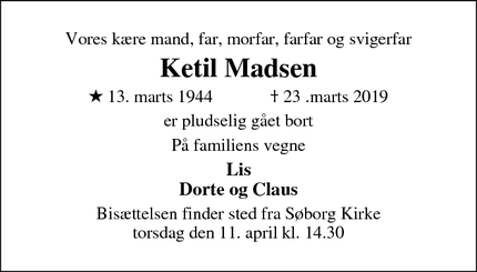 Dødsannoncen for Ketil Madsen - Gilleleje