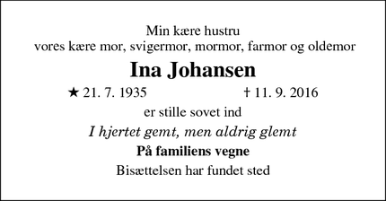 Dødsannoncen for Ina Johansen - Sønder Felding 