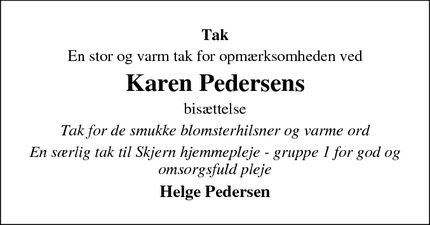 Dødsannoncen for Karen Pedersens - Skjern 