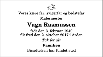 Dødsannoncen for  Vagn Rasmussen  - Arden