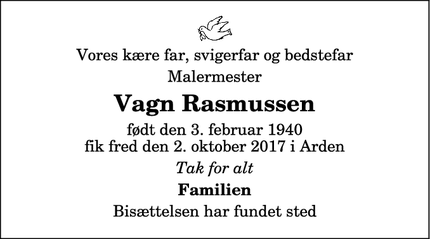 Dødsannoncen for Vagn Rasmussen - Arden