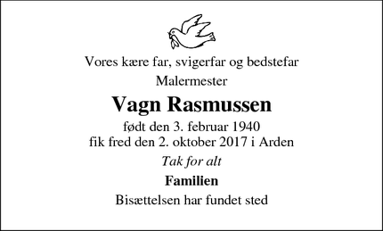 Dødsannoncen for Vagn Rasmussen - Arden