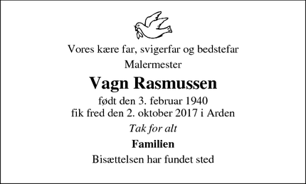 Dødsannoncen for  Vagn Rasmussen  - Arden