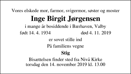 Dødsannoncen for Inge Birgit Jørgensen - Valby