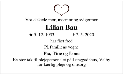 Dødsannoncen for Lilian Bau - Valby