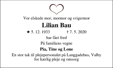 Dødsannoncen for Lilian Bau - Valby