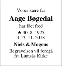 Dødsannoncen for Aage Bøgedal  - Hundested