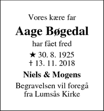 Dødsannoncen for Aage Bøgedal  - Hundested