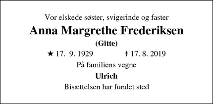Dødsannoncen for Anna Margrethe Frederiksen - Vejle