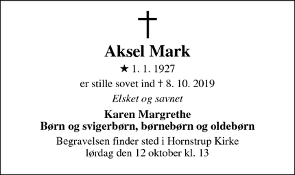 Dødsannoncen for Aksel Mark - Vejle