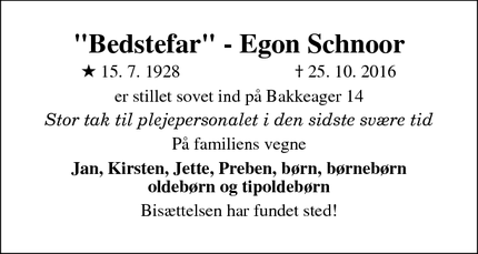Dødsannoncen for "Bedstefar" - Egon Schnoor - Vejle