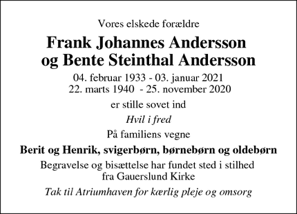 Dødsannoncen for Frank Johannes Andersson 
og Bente Steinthal Ander - Brejning