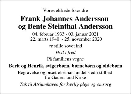 Dødsannoncen for Frank Johannes Andersson
og Bente Steinthal Ander - Brejning