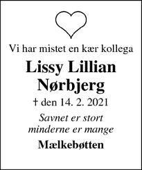 Dødsannoncen for Lissy Lillian
Nørbjerg - Vejle