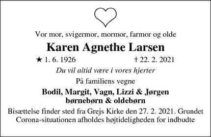 Dødsannoncen for Karen Agnethe Larsen - Grejs (ved Vejle)