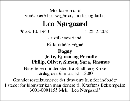 Dødsannoncen for Leo Nørgaard - Ulkær