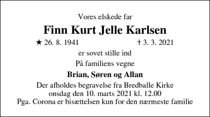 Dødsannoncen for Finn Kurt Jelle Karlsen - Vejle Ø