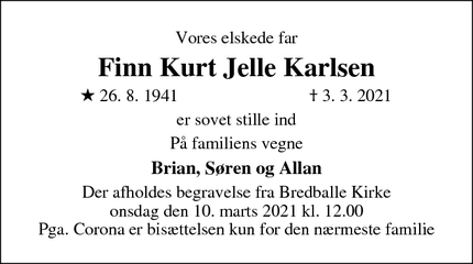 Dødsannoncen for Finn Kurt Jelle Karlsen - Vejle Ø