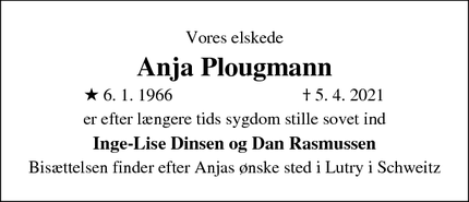 Dødsannoncen for Anja Plougmann - Lutry Schweitz
