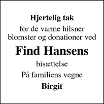 Taksigelsen for Find Hansens - Jelling