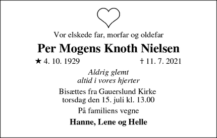 Dødsannoncen for Per Mogens Knoth Nielsen - Vejle