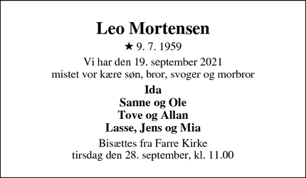 Dødsannoncen for Leo Mortensen - Farre