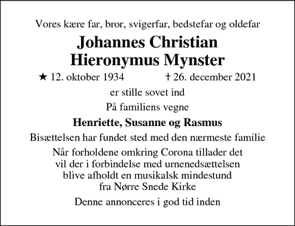 Dødsannoncen for Johannes Christian
Hieronymus Mynster - Alrøvej 359, 8300 Odder