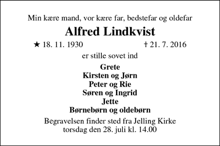 Dødsannoncen for Alfred Lindkvist - Jelling