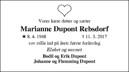 Dødsannoncen for Marianne Dupont Rebsdorf - Brejning