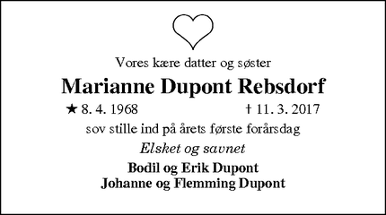 Dødsannoncen for Marianne Dupont Rebsdorf - Brejning