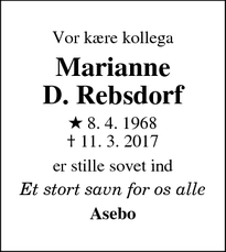 Dødsannoncen for Marianne
D. Rebsdorf - Brejning