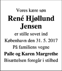 Dødsannoncen for René Hjøllund Jensen - København
