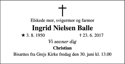 Dødsannoncen for Ingrid Nielsen Balle - Grejs