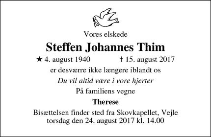Dødsannoncen for Steffen Johannes Thim - Vejle