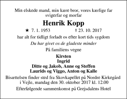 Dødsannoncen for Henrik Kopp - Vejle