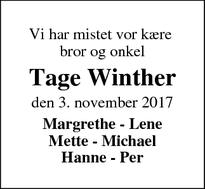 Dødsannoncen for Tage Winther - Børkop