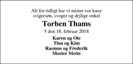Dødsannoncen for Torben Thams - Hedensted